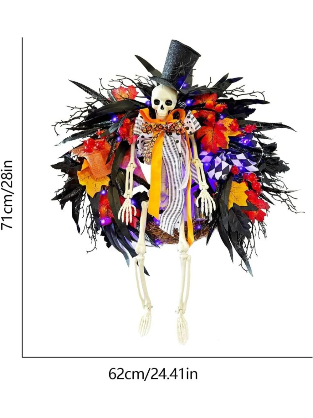 28-Inch Lighted Halloween Skeleton Wreath | Gothic Dark Aesthetic Door Decor